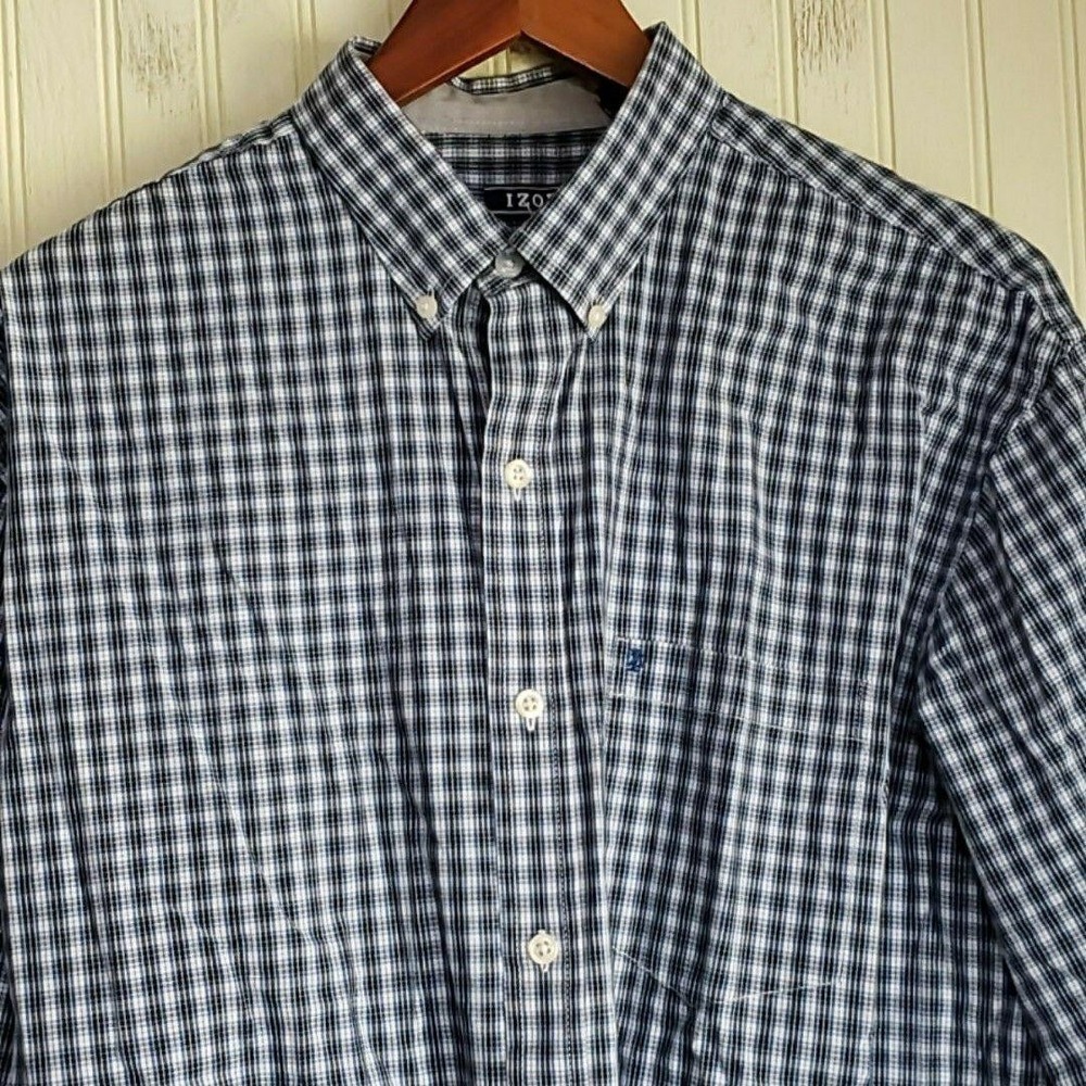 IZOD Shirt Mens Large Blue Check Long Sleeve 100% Cotton Button-Down Casual - Picture 1 of 10